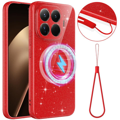 For Xiaomi 17T Pro 5G Fine Hole Glossy Glitter Magnetic TPU Phone Case with Same Color Hand Strap - Red - EDA009101605C
