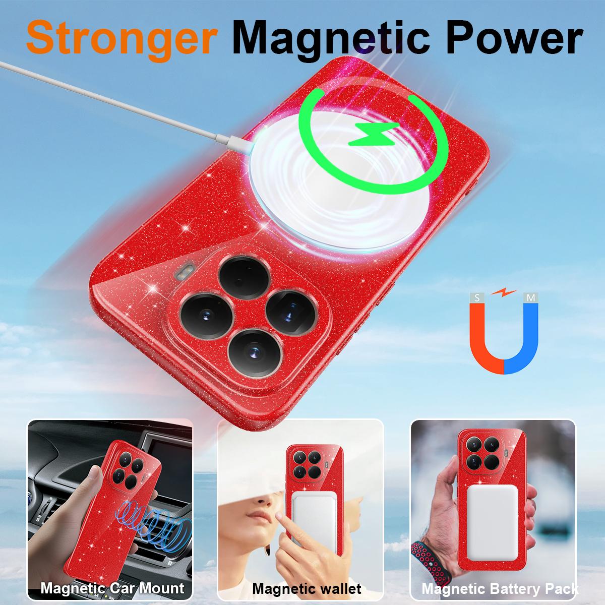 For Xiaomi 17T Pro 5G Fine Hole Glossy Glitter Magnetic TPU Phone Case with Same Color Hand Strap - Red - EDA009101605C