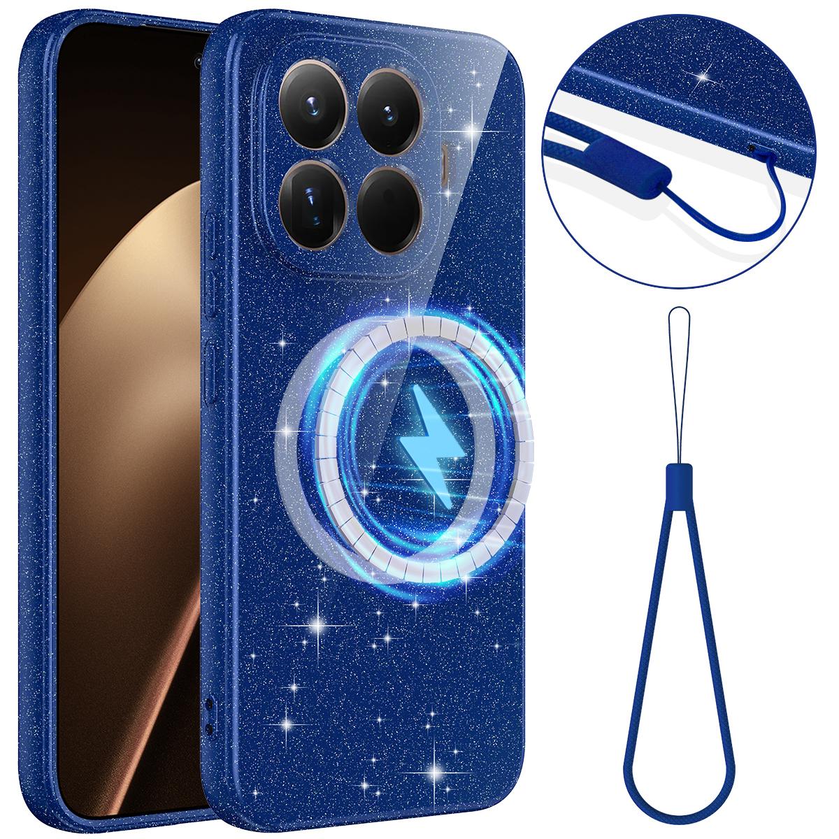 For Xiaomi 17T Pro 5G Fine Hole Glossy Glitter Magnetic TPU Phone Case with Same Color Hand Strap - Blue - EDA009101605D