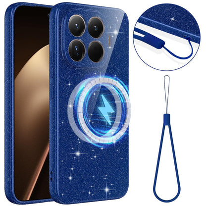 For Xiaomi 17T Pro 5G Fine Hole Glossy Glitter Magnetic TPU Phone Case with Same Color Hand Strap - Blue - EDA009101605D