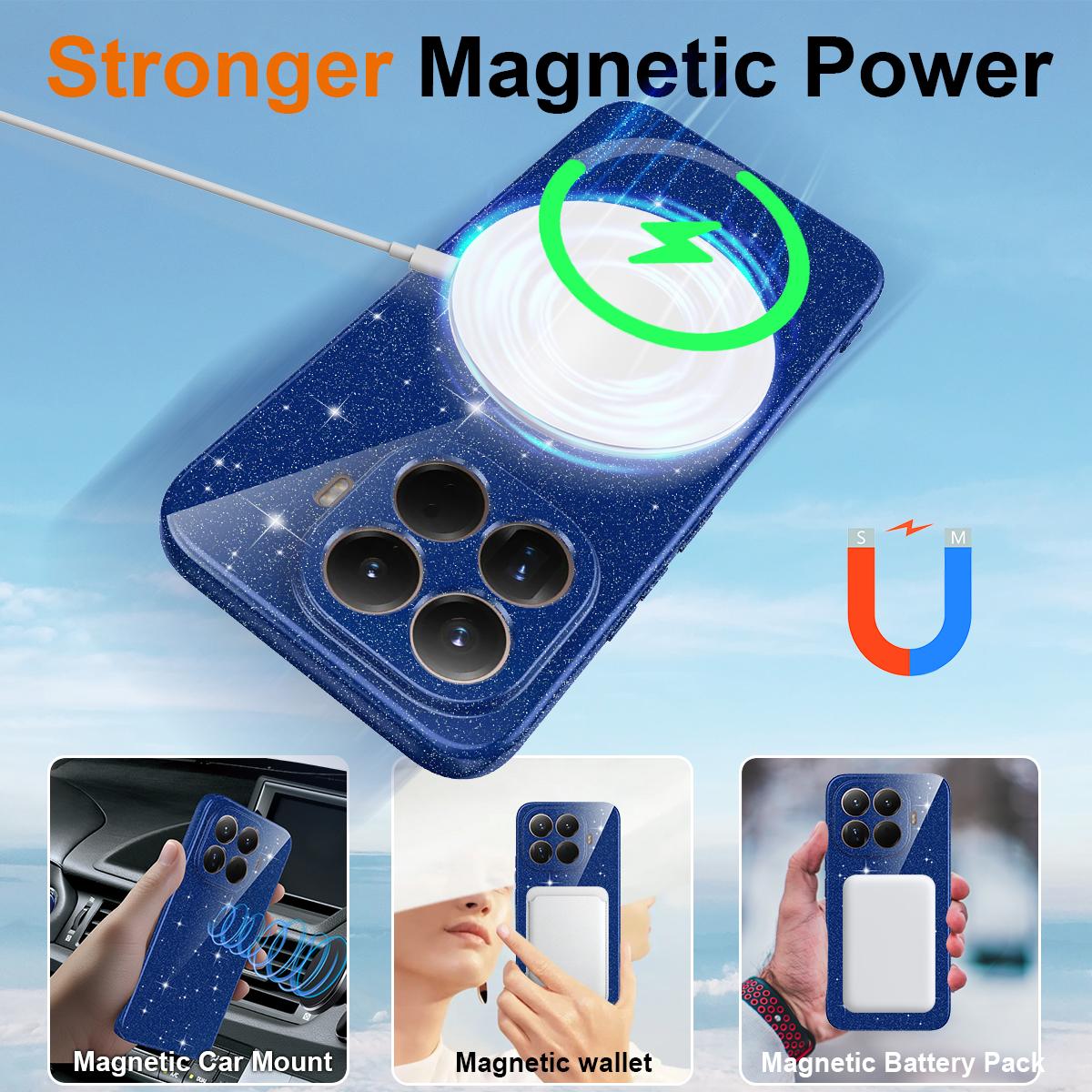 For Xiaomi 17T Pro 5G Fine Hole Glossy Glitter Magnetic TPU Phone Case with Same Color Hand Strap - Blue - EDA009101605D
