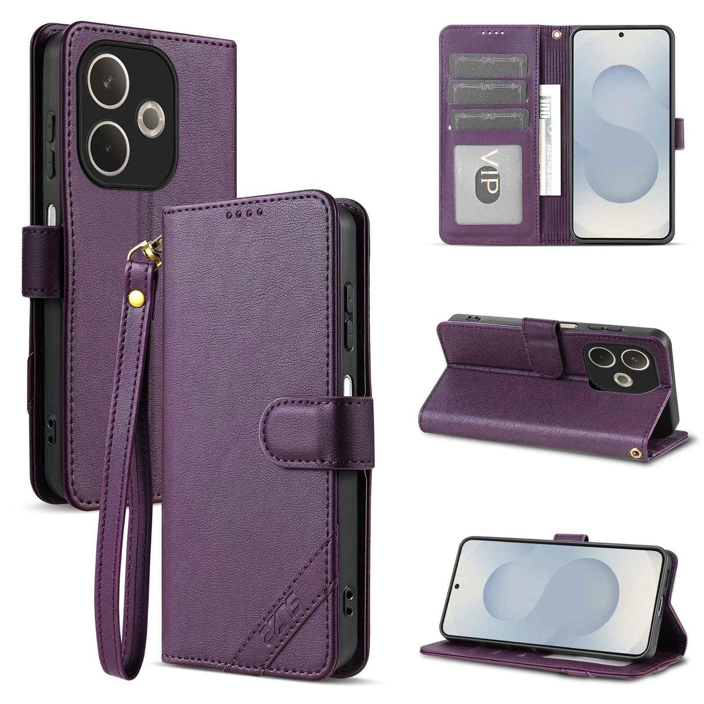 For OPPO A5 Pro Global AZNS A2 Series Tri-Card Wallet RFID Vegan Leather Phone Case with Strap(Purple)