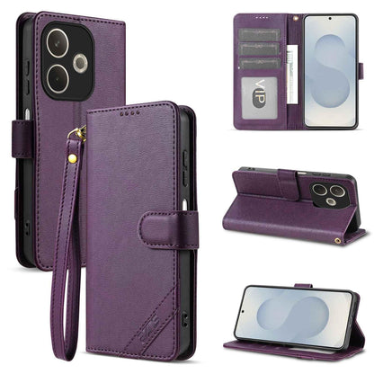 For OPPO A5 Pro Global AZNS A2 Series Tri-Card Wallet RFID Vegan Leather Phone Case with Strap(Purple)