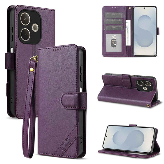 For OPPO A5 Pro Global AZNS A2 Series Tri-Card Wallet RFID Vegan Leather Phone Case with Strap(Purple)