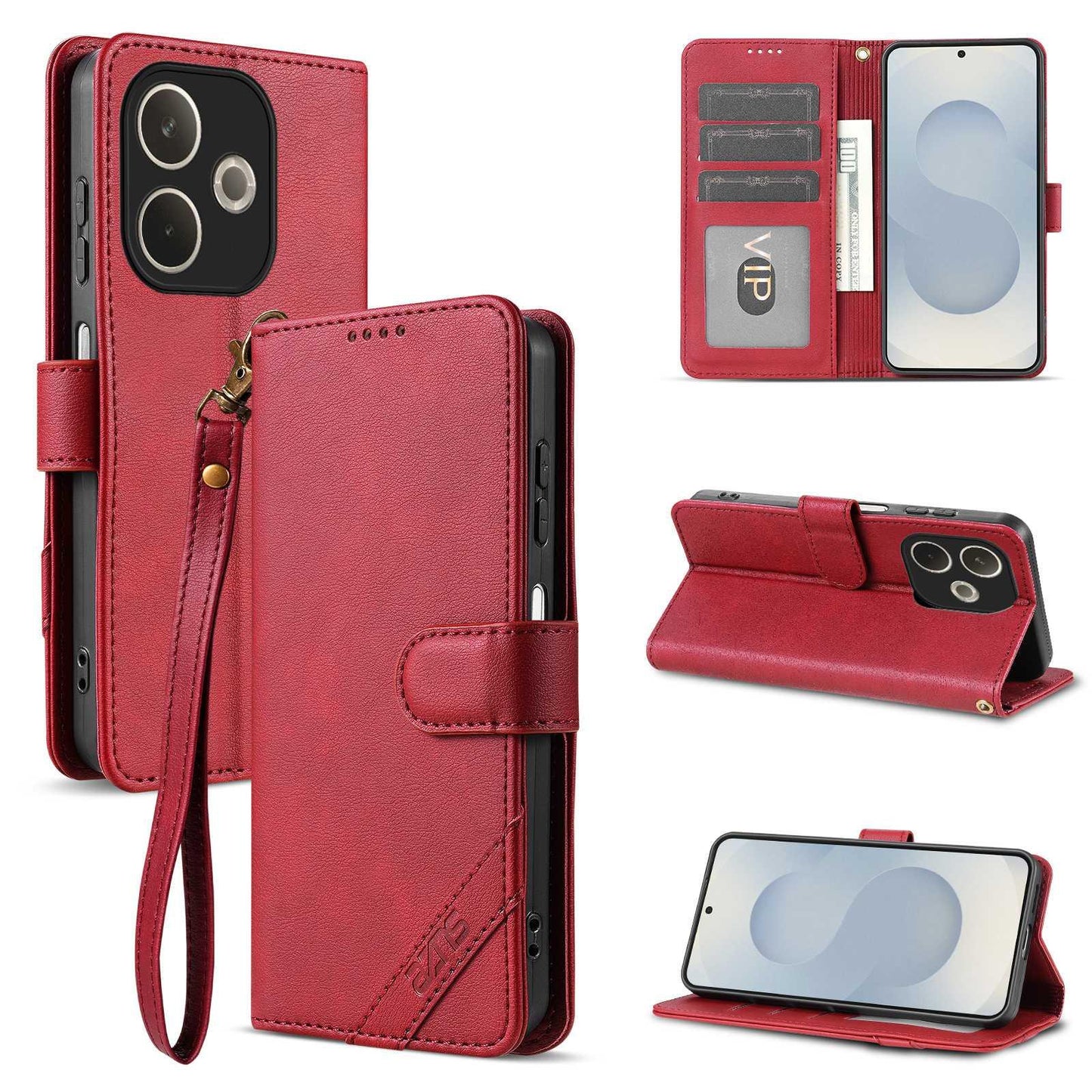 For OPPO A5 Pro Global AZNS A2 Series Tri-Card Wallet RFID Vegan Leather Phone Case with Strap(Red)