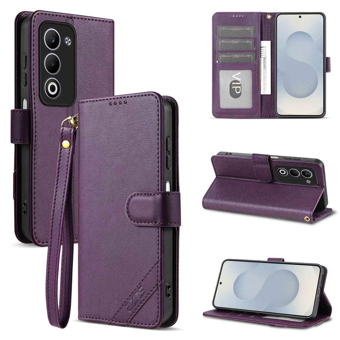For OPPO A5 5G Global AZNS A2 Series Tri-Card Wallet RFID Vegan Leather Phone Case with Strap(Purple)