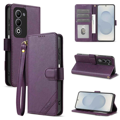 For OPPO A5 5G Global AZNS A2 Series Tri-Card Wallet RFID Vegan Leather Phone Case with Strap(Purple)