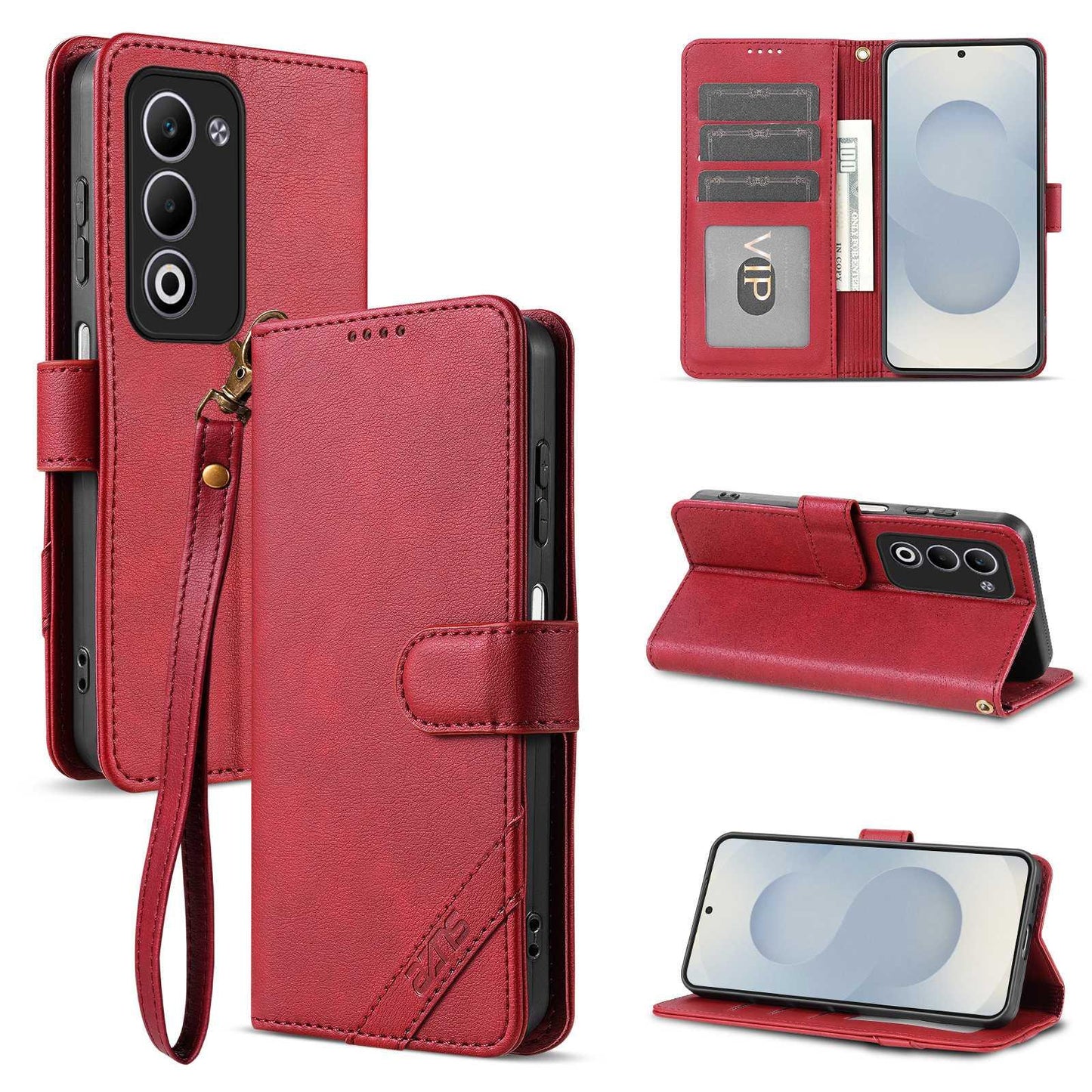 For OPPO A5 5G Global AZNS A2 Series Tri-Card Wallet RFID Vegan Leather Phone Case with Strap(Red)