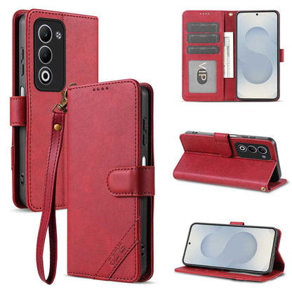 For OPPO A5 5G Global AZNS A2 Series Tri-Card Wallet RFID Vegan Leather Phone Case with Strap(Red)