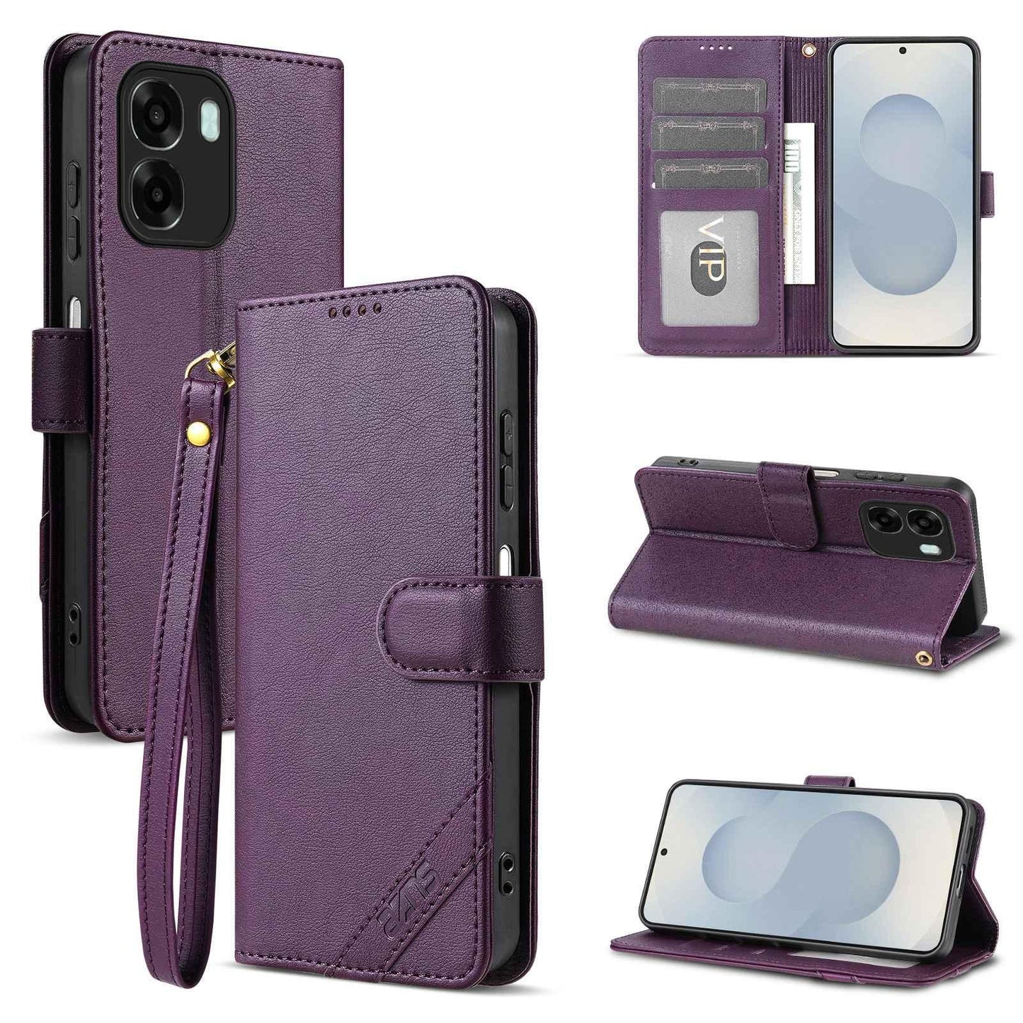 For OPPO A6 / A6x Global AZNS A2 Series Tri-Card Wallet RFID Vegan Leather Phone Case with Strap(Purple)