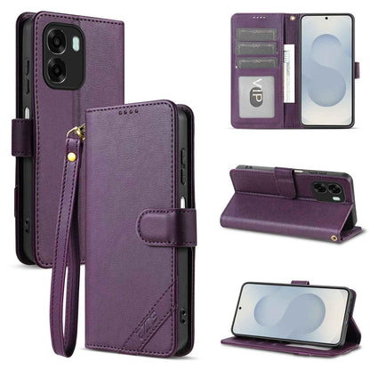 For OPPO A6 / A6x Global AZNS A2 Series Tri-Card Wallet RFID Vegan Leather Phone Case with Strap(Purple)