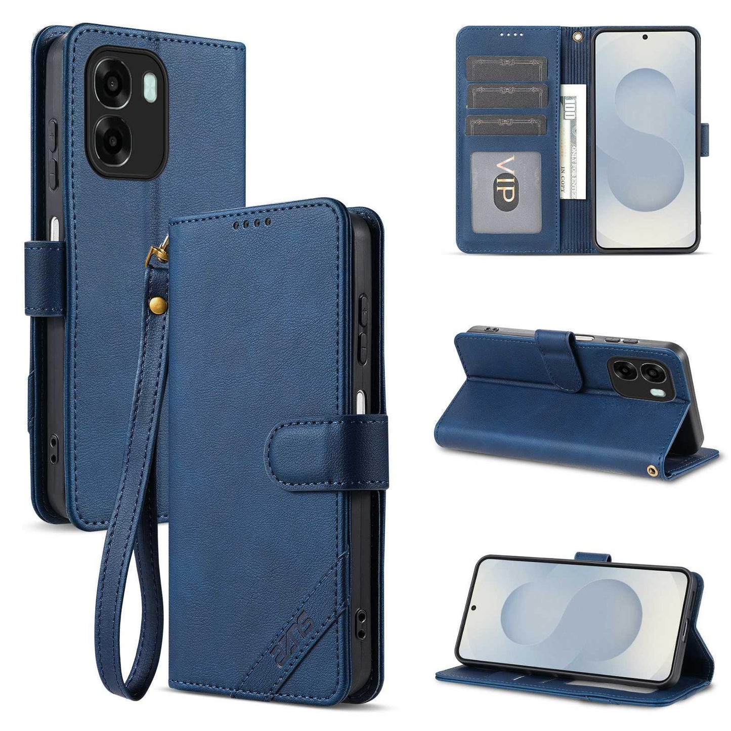For OPPO A6 / A6x Global AZNS A2 Series Tri-Card Wallet RFID Vegan Leather Phone Case with Strap(Blue)