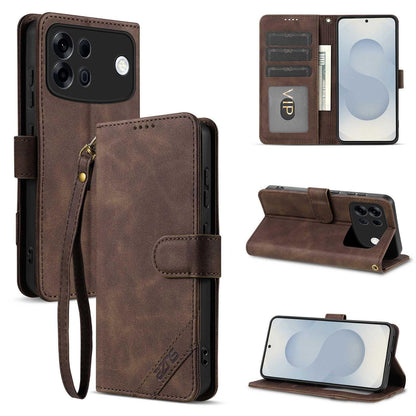 For OPPO A7 Pro Max 5G AZNS A2 Series Tri-Card Wallet RFID Vegan Leather Phone Case with Strap(Brown)