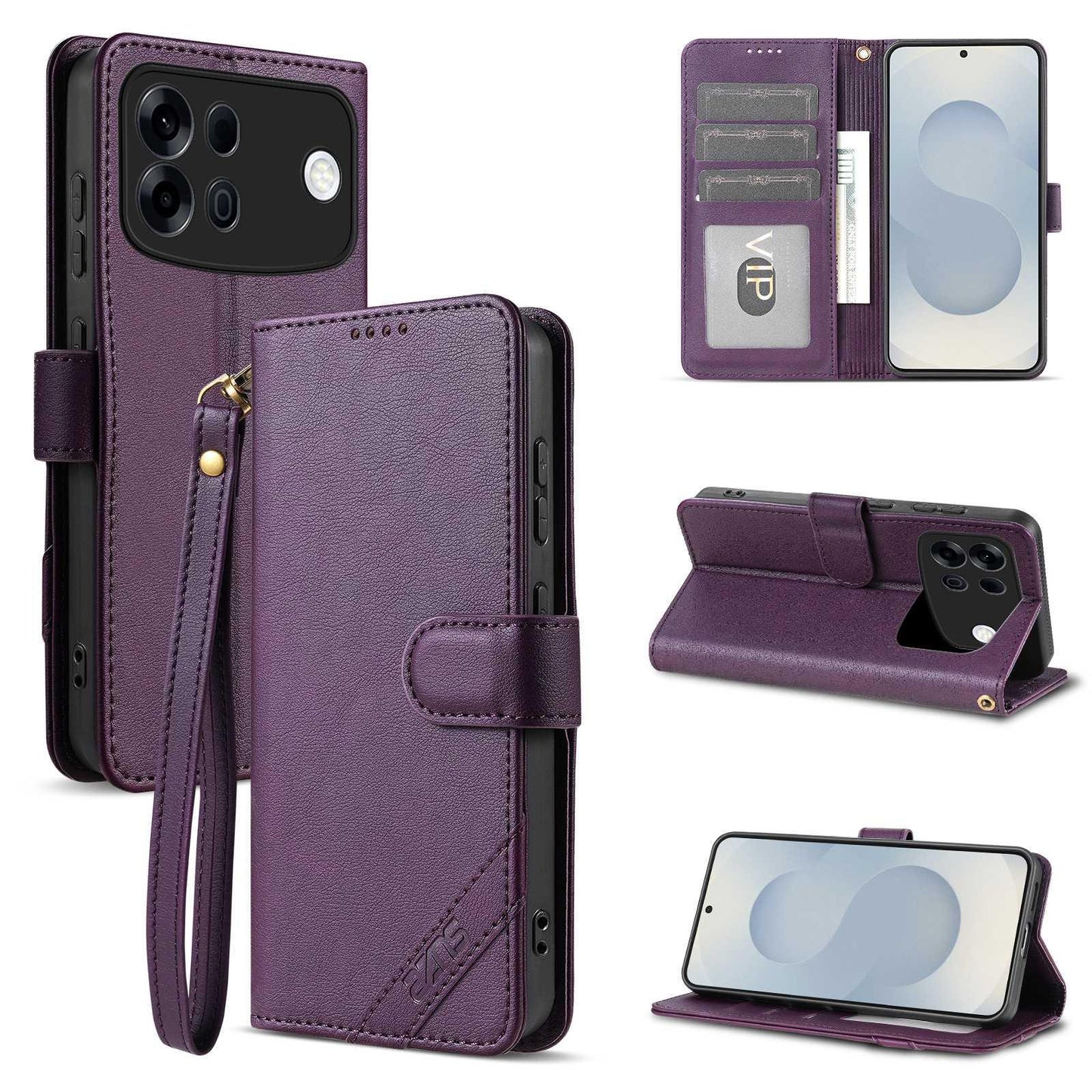 For OPPO A7 Pro Max 5G AZNS A2 Series Tri-Card Wallet RFID Vegan Leather Phone Case with Strap(Purple)