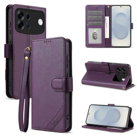For OPPO A7 Pro Max 5G AZNS A2 Series Tri-Card Wallet RFID Vegan Leather Phone Case with Strap(Purple)