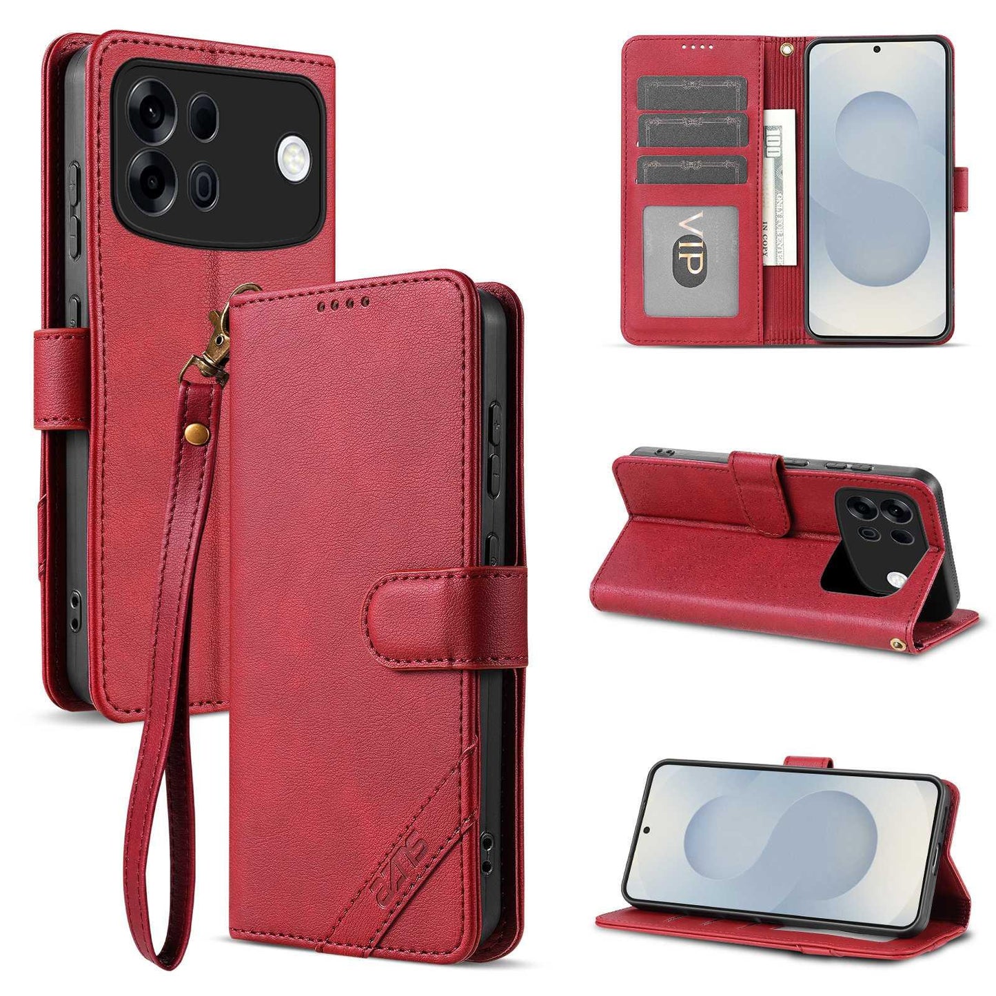 For OPPO A7 Pro Max 5G AZNS A2 Series Tri-Card Wallet RFID Vegan Leather Phone Case with Strap(Red)