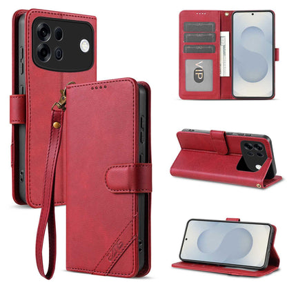 For OPPO A7 Pro Max 5G AZNS A2 Series Tri-Card Wallet RFID Vegan Leather Phone Case with Strap(Red)