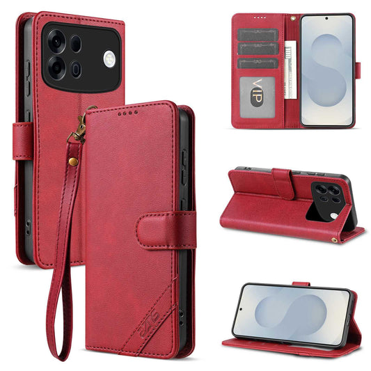 For OPPO A7 Pro Max 5G AZNS A2 Series Tri-Card Wallet RFID Vegan Leather Phone Case with Strap(Red)