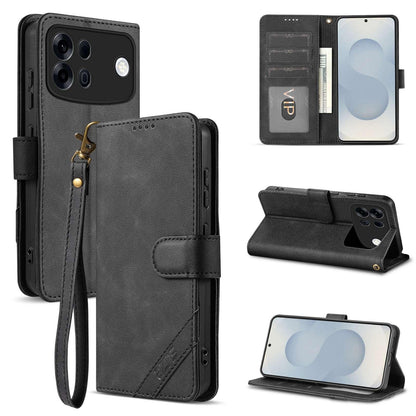 For OPPO A7 Pro Max 5G AZNS A2 Series Tri-Card Wallet RFID Vegan Leather Phone Case with Strap(Black)