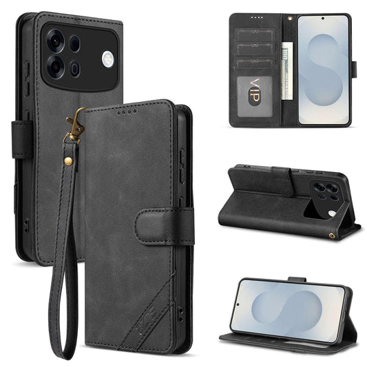 For OPPO A7 Pro Max 5G AZNS A2 Series Tri-Card Wallet RFID Vegan Leather Phone Case with Strap(Black)