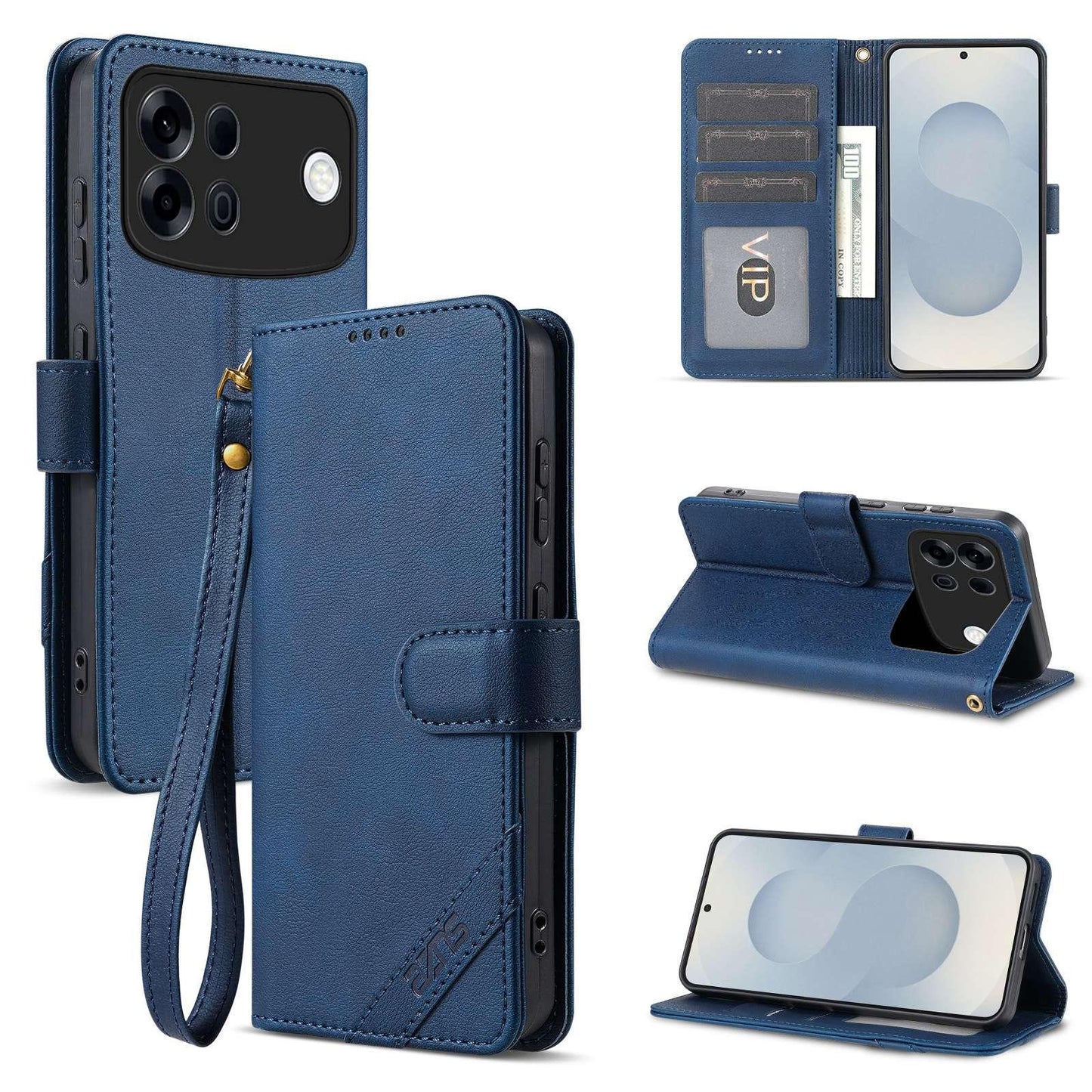 For OPPO A7 Pro Max 5G AZNS A2 Series Tri-Card Wallet RFID Vegan Leather Phone Case with Strap(Blue)