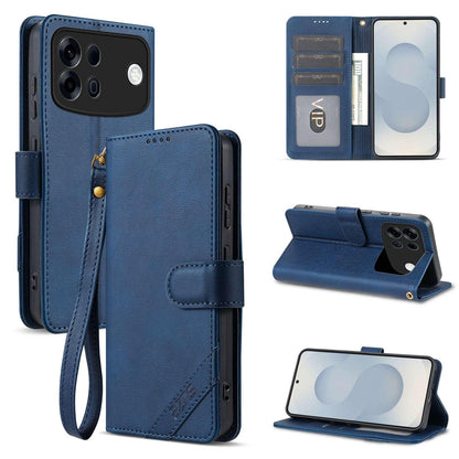 For OPPO A7 Pro Max 5G AZNS A2 Series Tri-Card Wallet RFID Vegan Leather Phone Case with Strap(Blue)