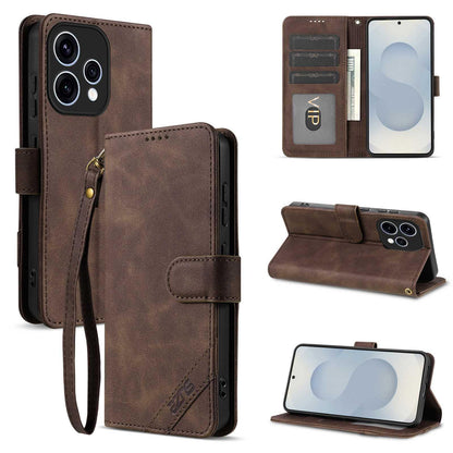 For OPPO Reno 15C/Reno15 5G Global AZNS A2 Series Tri-Card Wallet RFID Vegan Leather Phone Case with Strap(Brown)