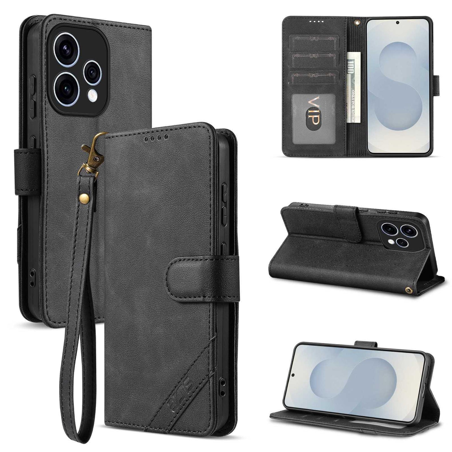For OPPO Reno 15C/Reno15 5G Global AZNS A2 Series Tri-Card Wallet RFID Vegan Leather Phone Case with Strap(Black)