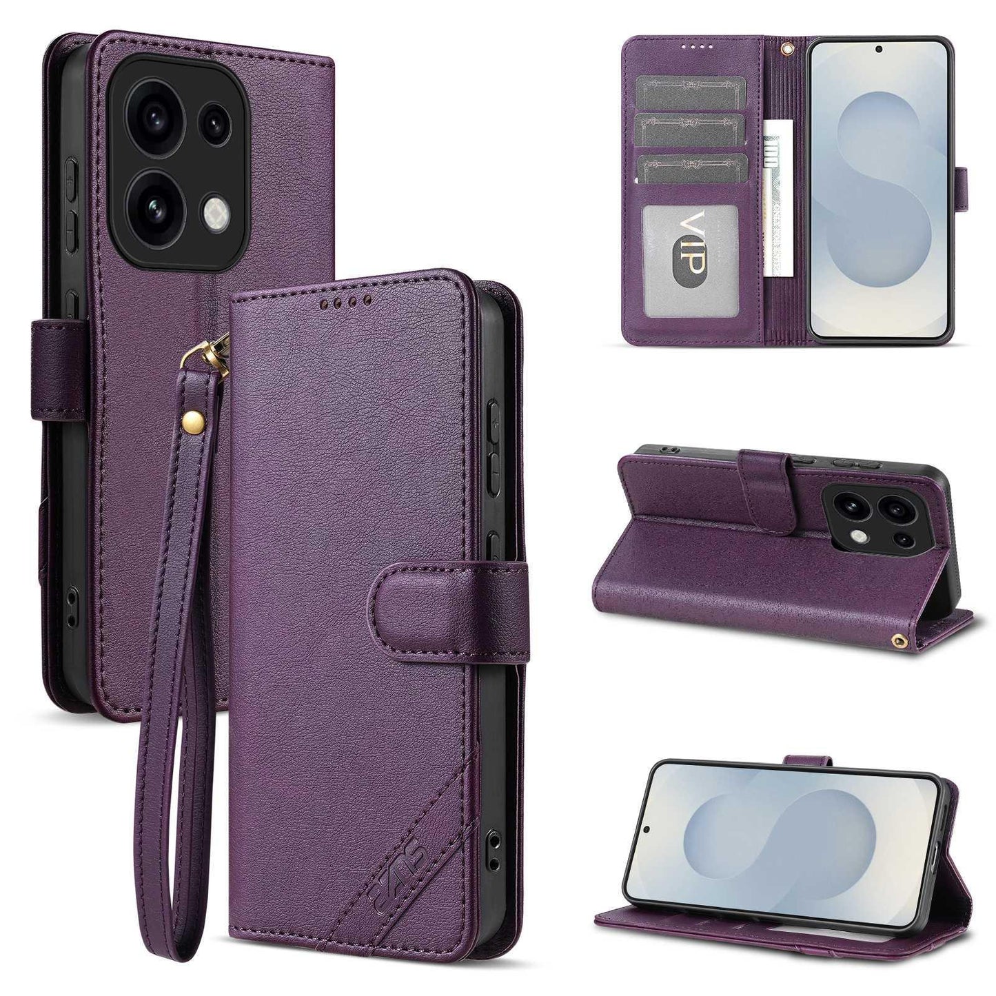 For OPPO Reno16 Pro 5G Global AZNS A2 Series Tri-Card Wallet RFID Vegan Leather Phone Case with Strap(Purple)