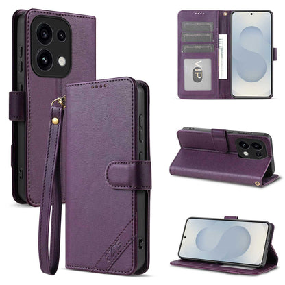 For OPPO Reno16 Pro 5G Global AZNS A2 Series Tri-Card Wallet RFID Vegan Leather Phone Case with Strap(Purple)