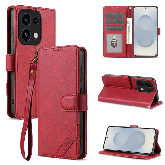 For OPPO Reno16 Pro 5G Global AZNS A2 Series Tri-Card Wallet RFID Vegan Leather Phone Case with Strap(Red)