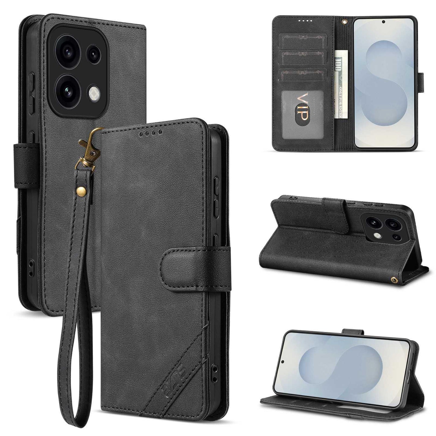 For OPPO Reno16 Pro 5G Global AZNS A2 Series Tri-Card Wallet RFID Vegan Leather Phone Case with Strap(Black)