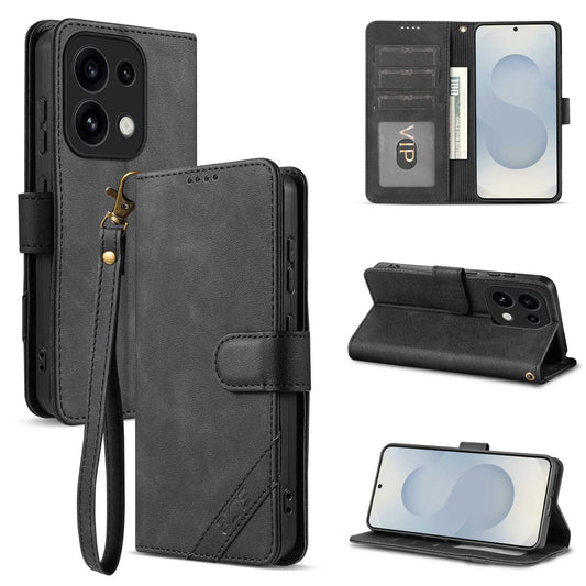 For OPPO Reno16 Pro 5G Global AZNS A2 Series Tri-Card Wallet RFID Vegan Leather Phone Case with Strap(Black)