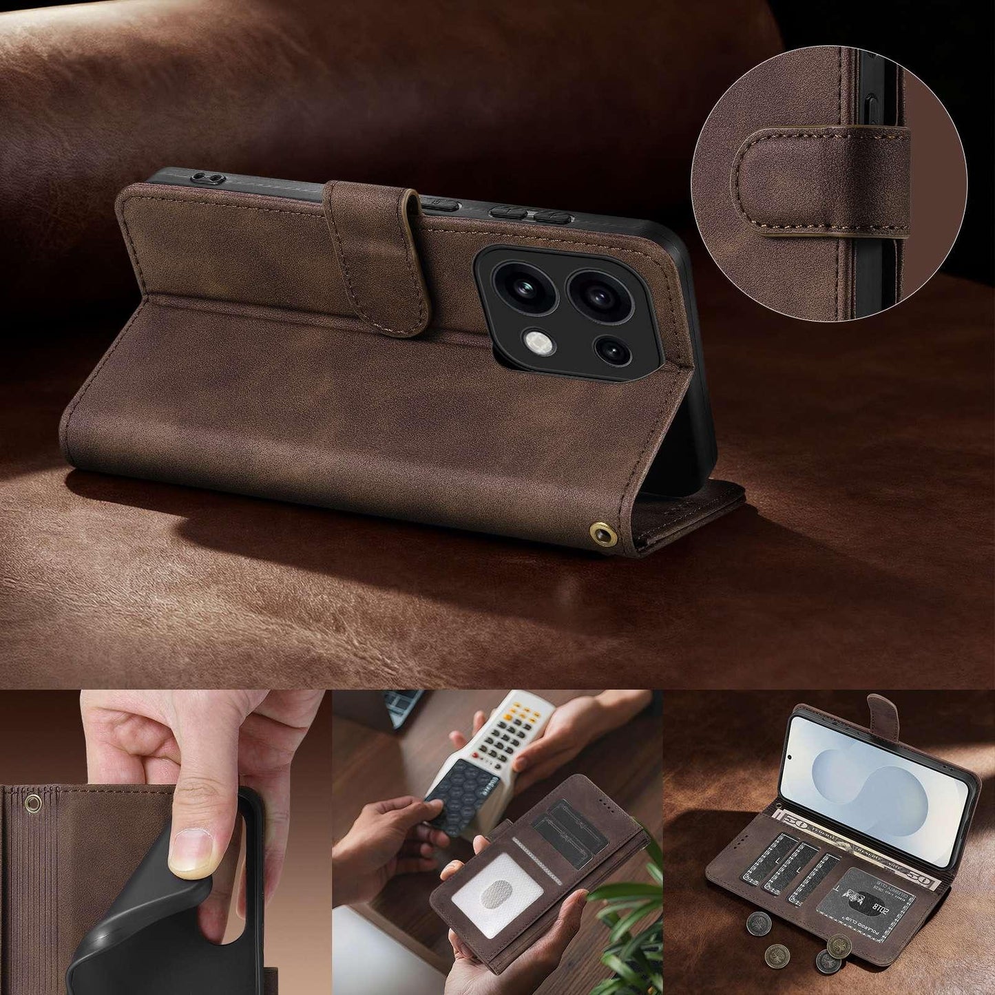 For OPPO Reno16 Pro 5G Global AZNS A2 Series Tri-Card Wallet RFID Vegan Leather Phone Case with Strap(Black)