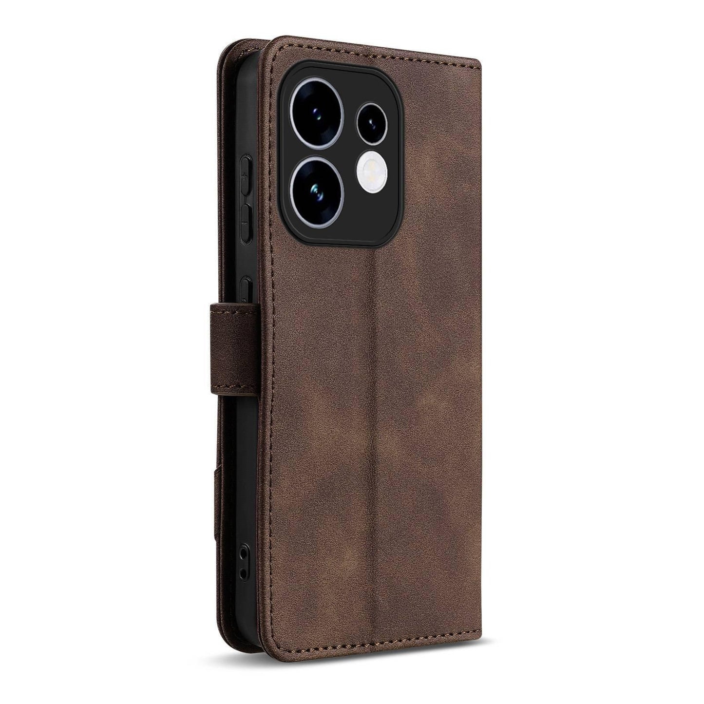 For OPPO Reno16 5G Global AZNS A2 Series Tri-Card Wallet RFID Vegan Leather Phone Case with Strap(Brown)