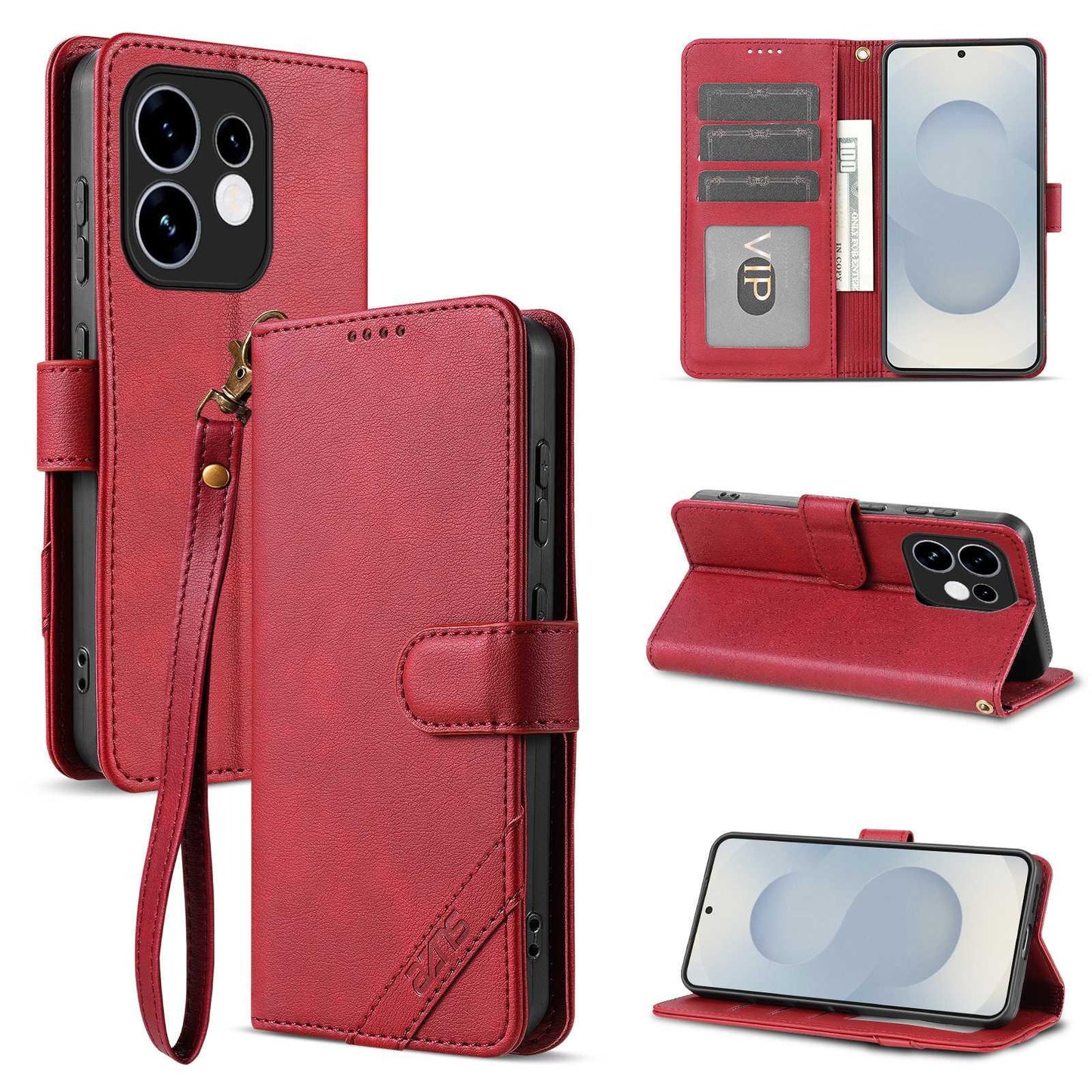 For OPPO Reno16 5G Global AZNS A2 Series Tri-Card Wallet RFID Vegan Leather Phone Case with Strap(Red)