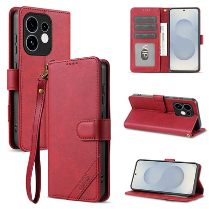 For OPPO Reno16 5G Global AZNS A2 Series Tri-Card Wallet RFID Vegan Leather Phone Case with Strap(Red)