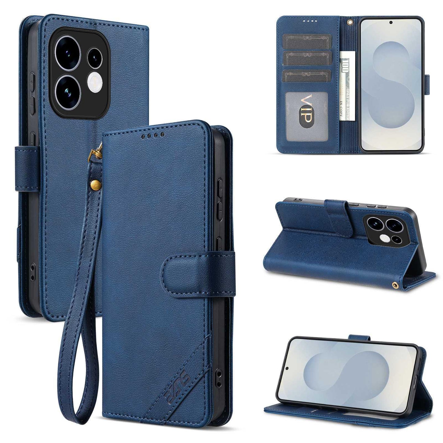For OPPO Reno16 5G Global AZNS A2 Series Tri-Card Wallet RFID Vegan Leather Phone Case with Strap(Blue)