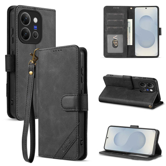 For vivo X300e AZNS A2 Series Tri-Card Wallet RFID Vegan Leather Phone Case with Strap(Black)