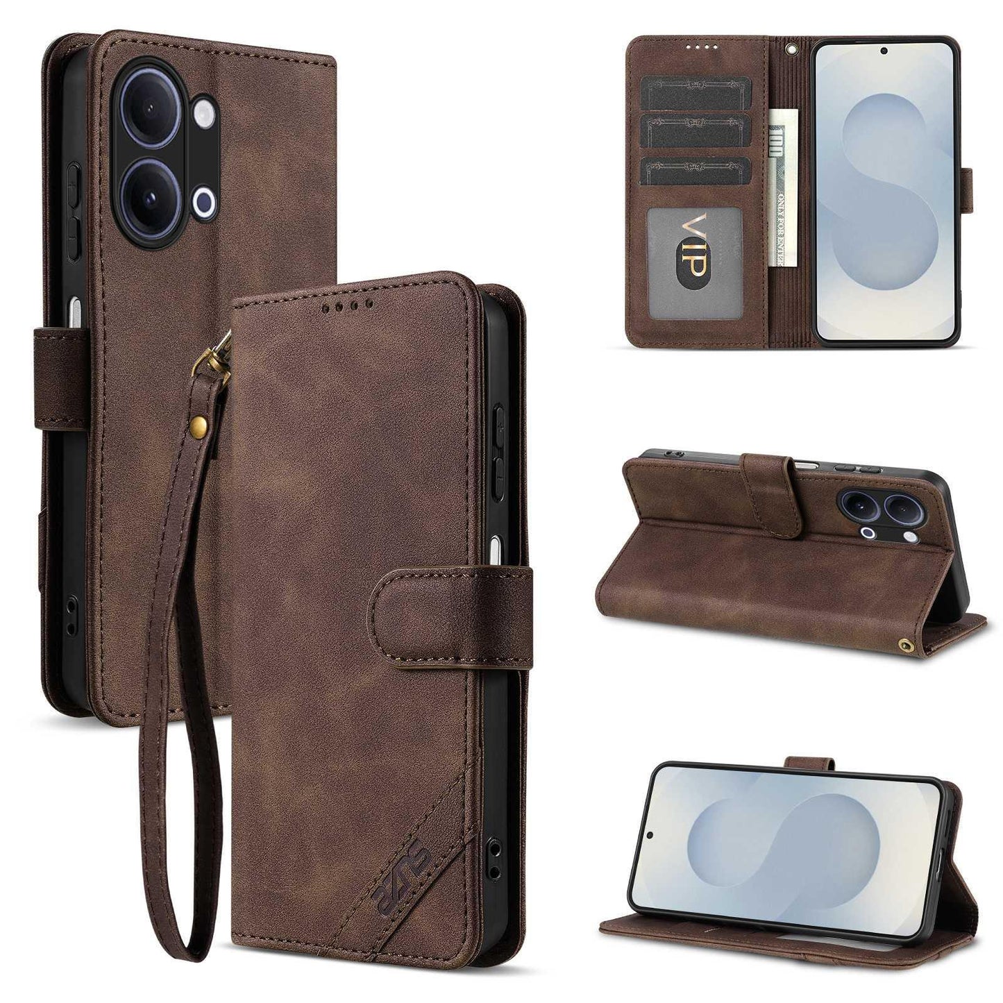 For vivo Y05 4G/Y11/Y21 AZNS A2 Series Tri-Card Wallet RFID Vegan Leather Phone Case with Strap(Brown)