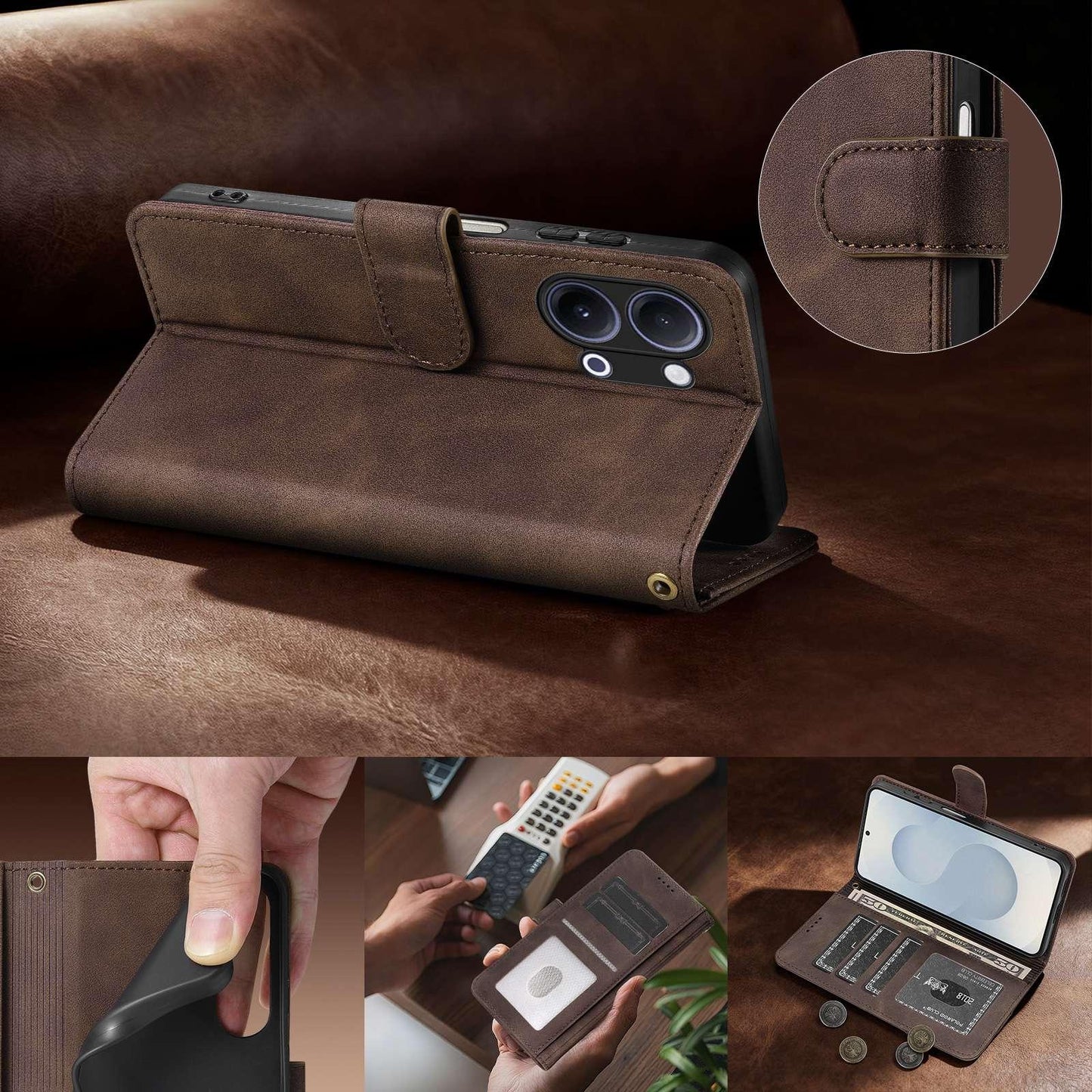 For vivo Y05 4G/Y11/Y21 AZNS A2 Series Tri-Card Wallet RFID Vegan Leather Phone Case with Strap(Purple)