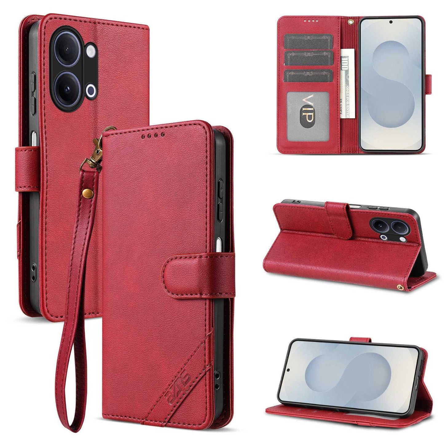 For vivo Y05 4G/Y11/Y21 AZNS A2 Series Tri-Card Wallet RFID Vegan Leather Phone Case with Strap(Red)