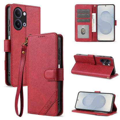 For vivo Y05 4G/Y11/Y21 AZNS A2 Series Tri-Card Wallet RFID Vegan Leather Phone Case with Strap(Red)