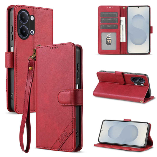For vivo Y05 4G/Y11/Y21 AZNS A2 Series Tri-Card Wallet RFID Vegan Leather Phone Case with Strap(Red)