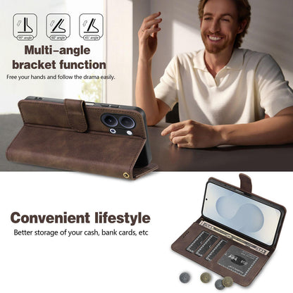 For vivo Y05 4G/Y11/Y21 AZNS A2 Series Tri-Card Wallet RFID Vegan Leather Phone Case with Strap(Black)