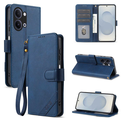 For vivo Y05 4G/Y11/Y21 AZNS A2 Series Tri-Card Wallet RFID Vegan Leather Phone Case with Strap(Blue)