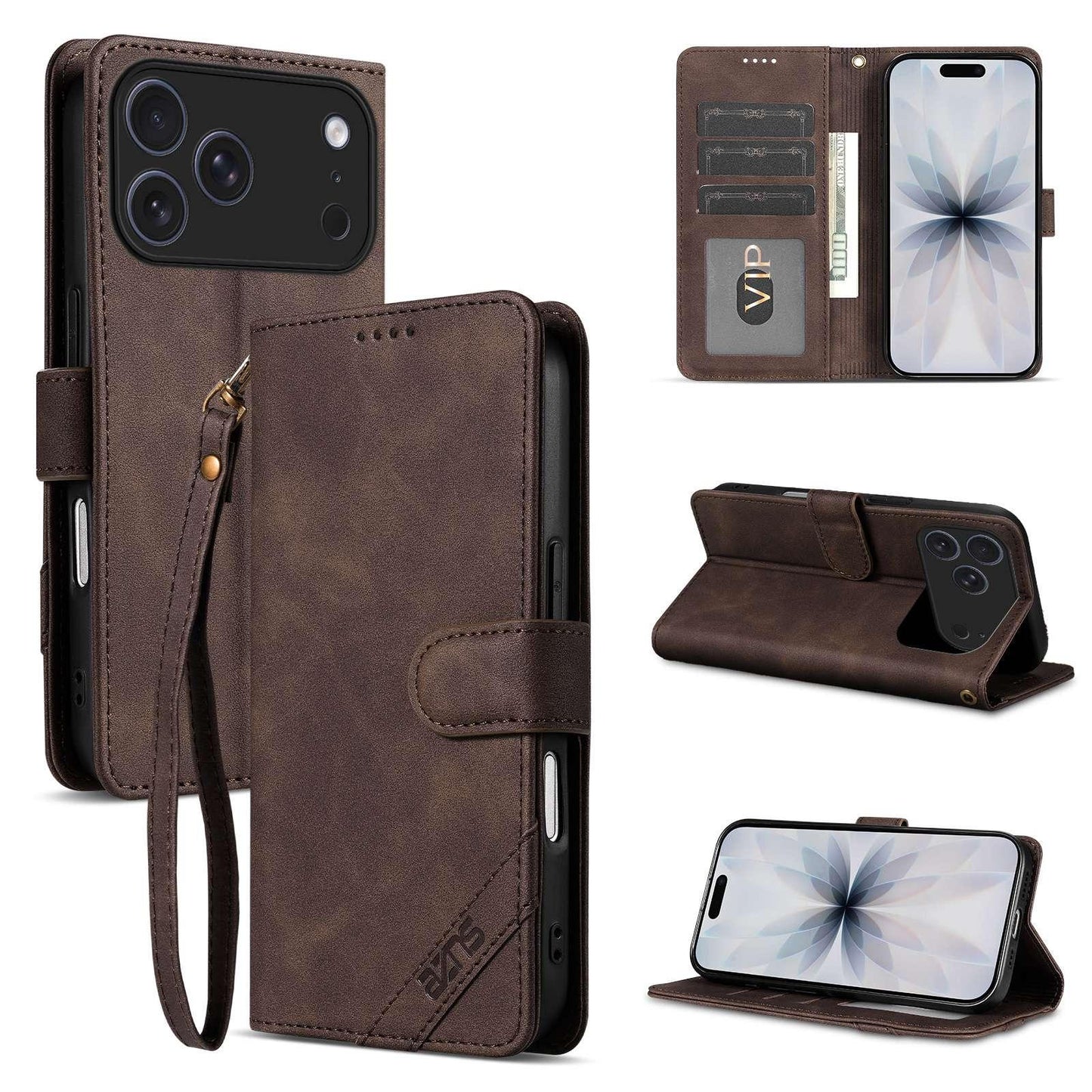 For iPhone 18 Pro Max AZNS A2 Series Tri-Card Wallet RFID Vegan Leather Phone Case with Strap(Brown)