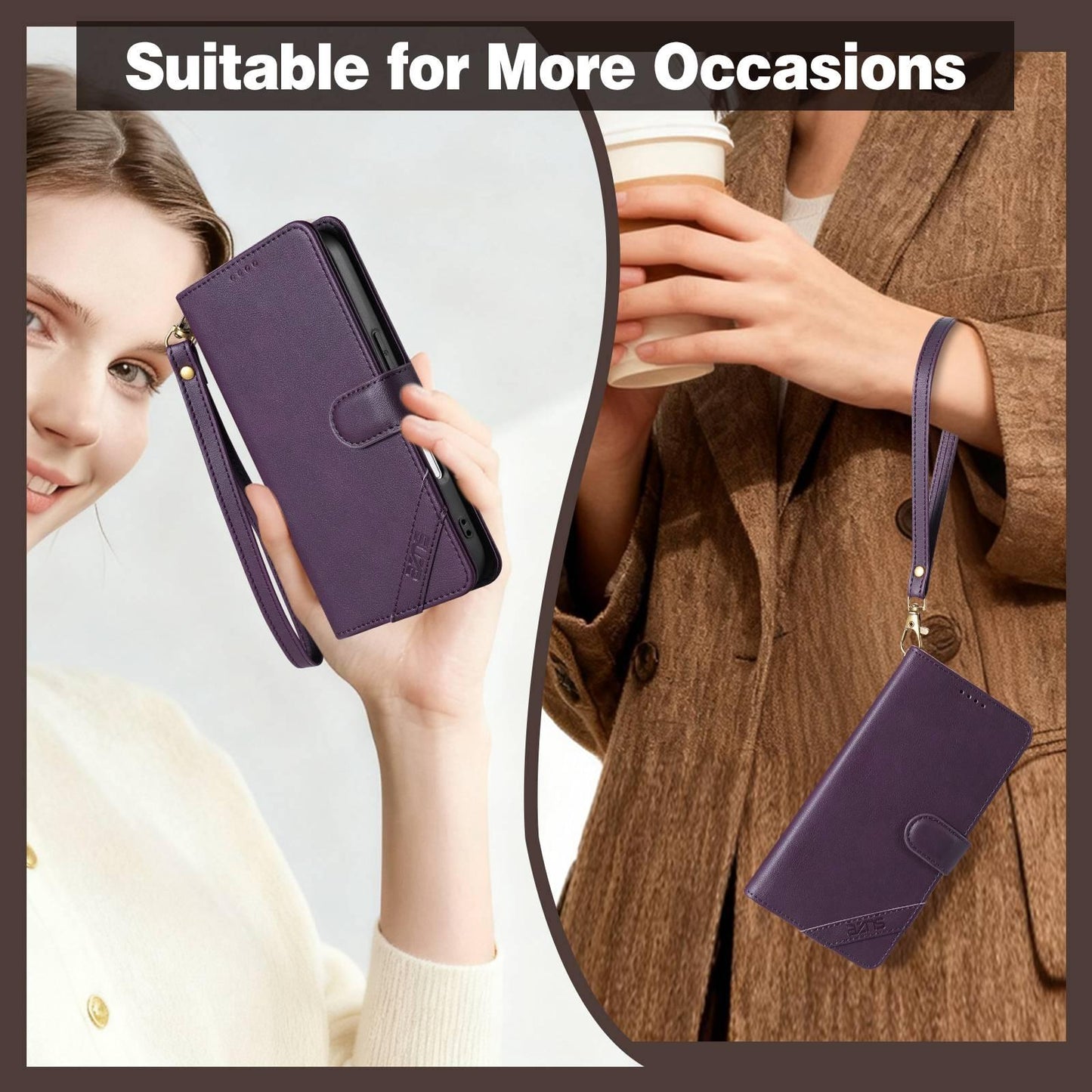 For iPhone 18 Pro Max AZNS A2 Series Tri-Card Wallet RFID Vegan Leather Phone Case with Strap(Brown)