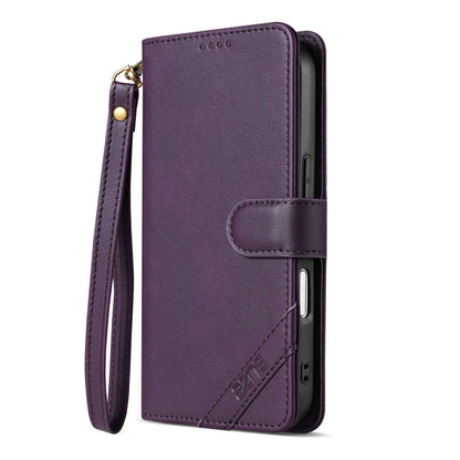 For iPhone 18 Pro Max AZNS A2 Series Tri-Card Wallet RFID Vegan Leather Phone Case with Strap(Purple)