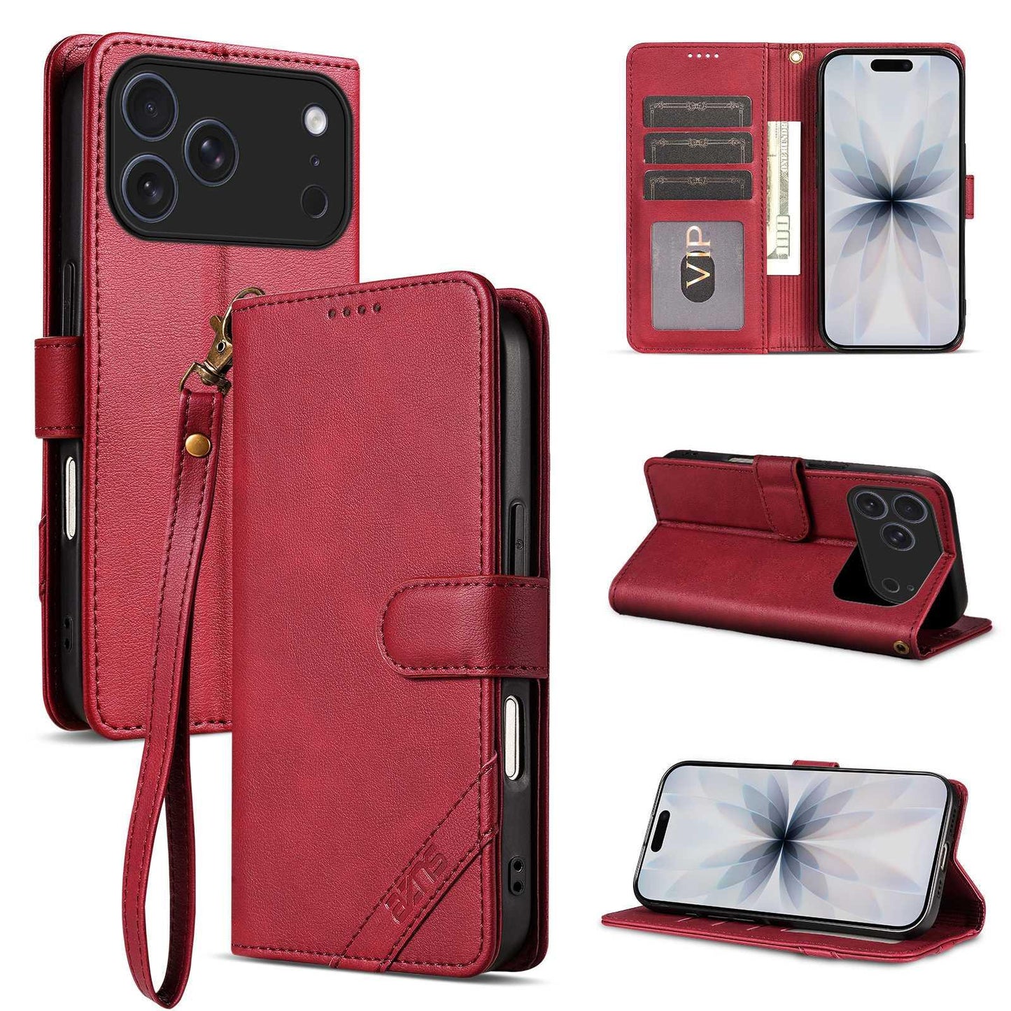 For iPhone 18 Pro Max AZNS A2 Series Tri-Card Wallet RFID Vegan Leather Phone Case with Strap(Red)